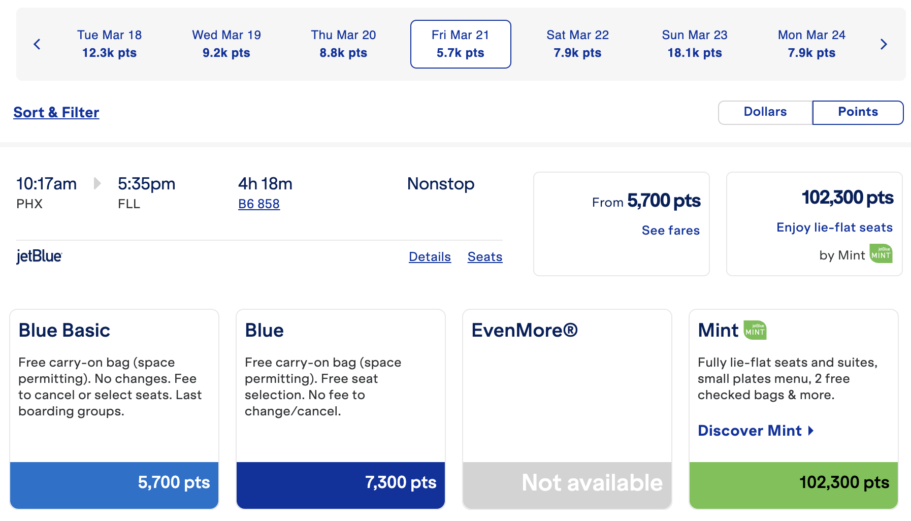 award fare phx-fll on jetBlue